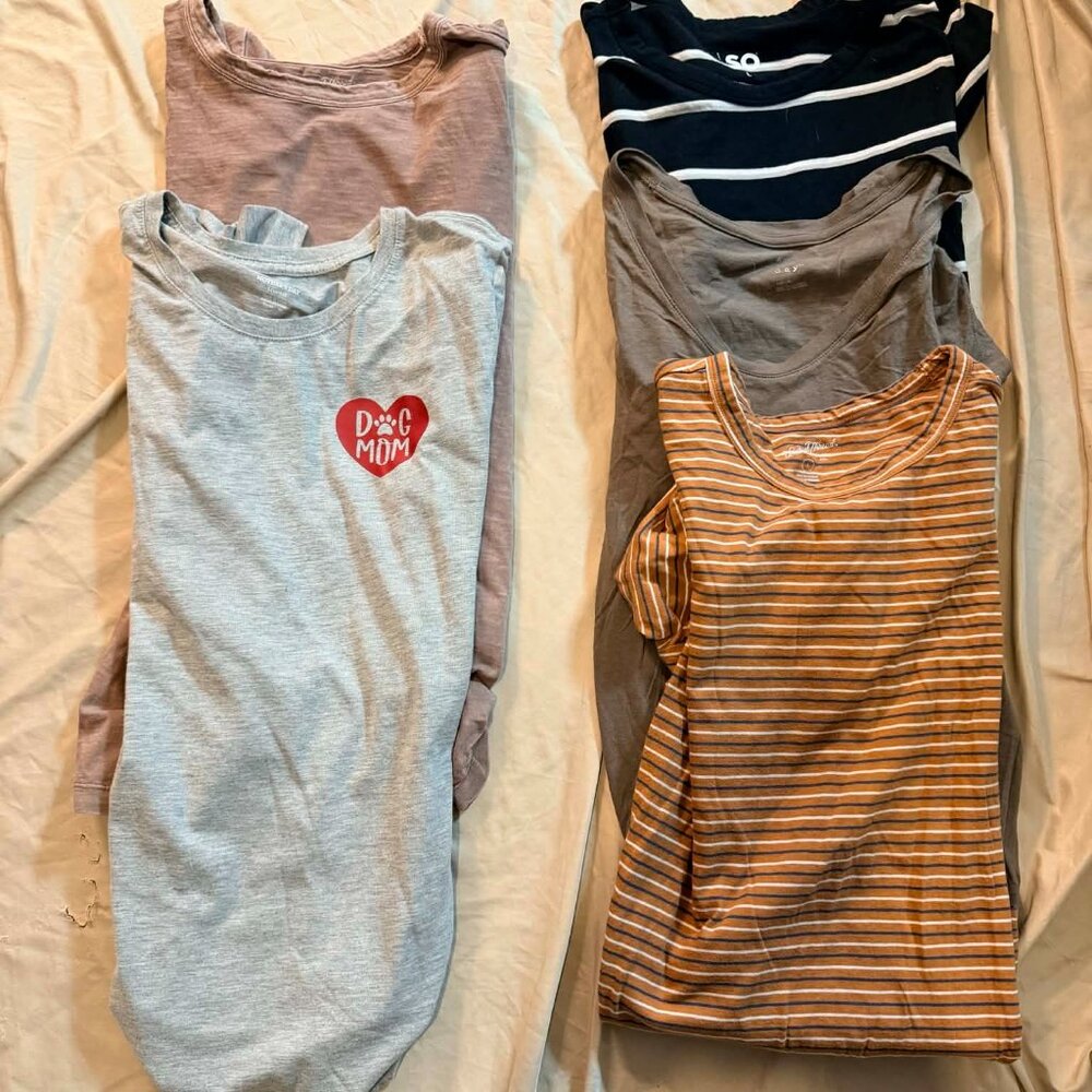 FIVE mixed brand S/S Tees LARGE (mauve/grey+graphic/blk+whit strp/brn strp)
